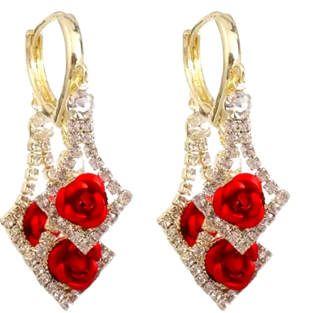 GOLD HOOP TRIPLE INLAID ROSE DANGLE EARRINGS 1 1/2 IN